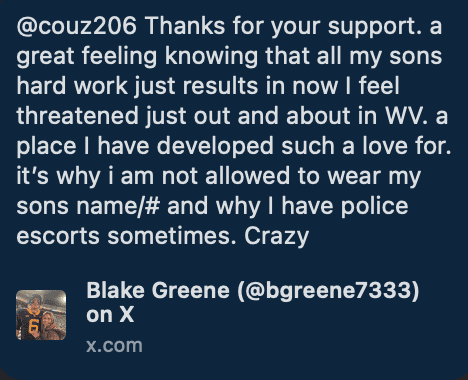 Garrett Greene's mom's tweet on WVU fans